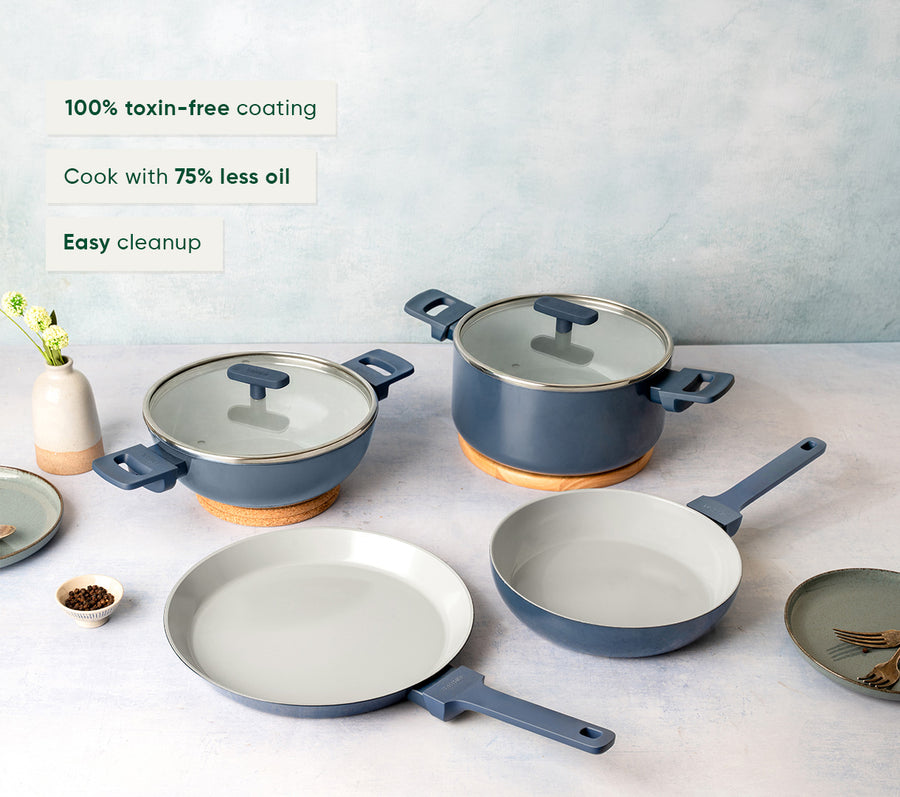 Complete Cookware Set (4-Piece) with glass lid - Nilgiri Blue