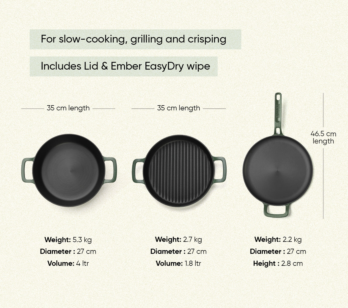 Cast Iron Trio with Storage - Coorg Green