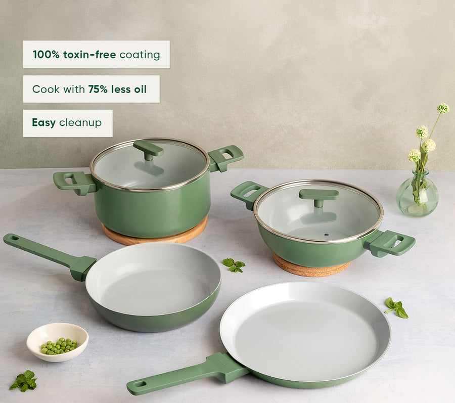 Complete Cookware Set (4-Piece) with glass lid - Coorg Green