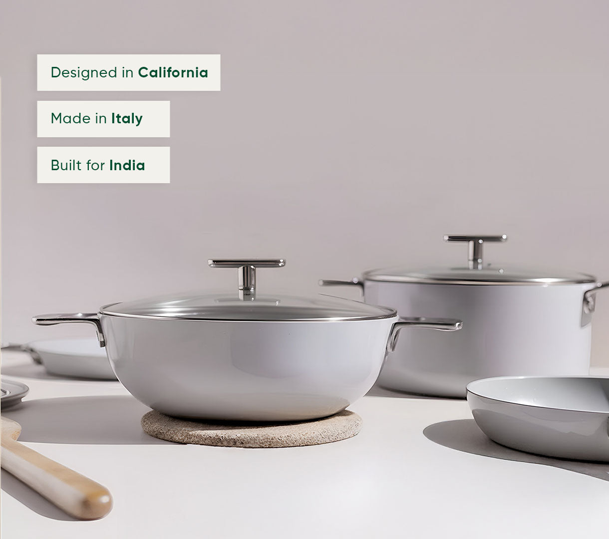 Complete Cookware Set with storage (4-Piece) with glass lid - Himalayan Mist