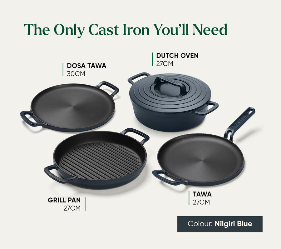 Pre-Seasoned Cast Iron Dutch Oven 27cm - Nilgiri Blue
