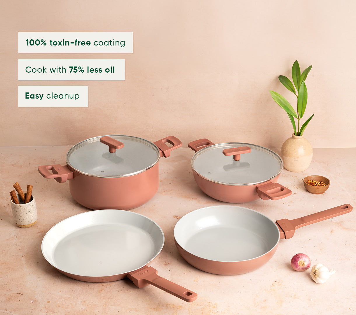 Complete Cookware Set (4-Piece) with glass lid - Jaipur Terracotta