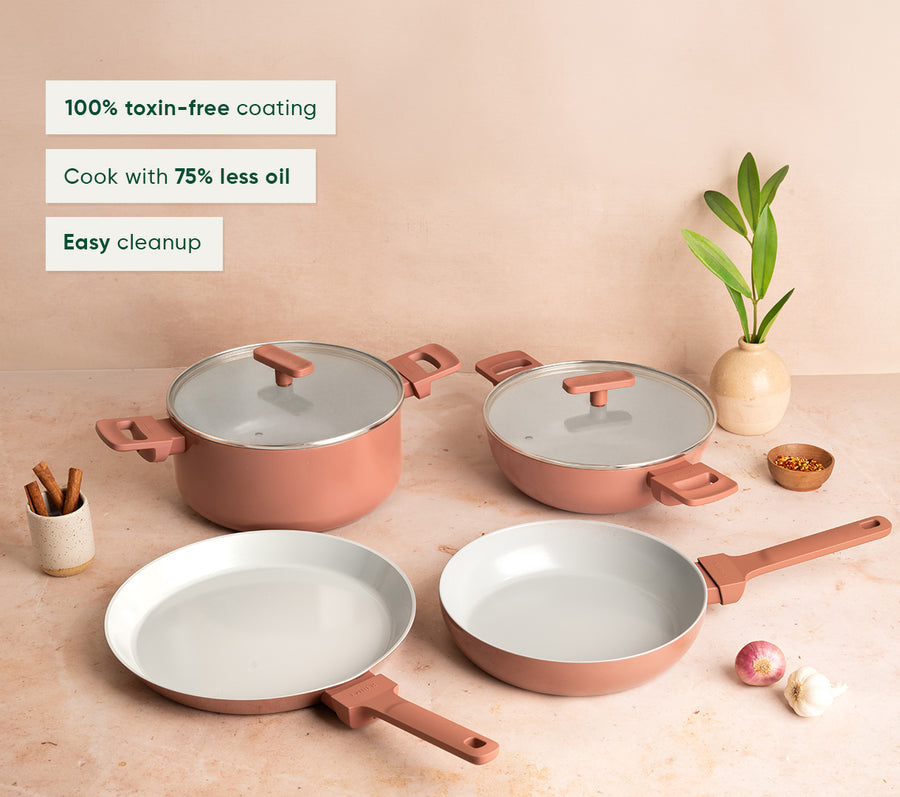 Complete Cookware Set (4-Piece) with glass lid - Jaipur Terracotta