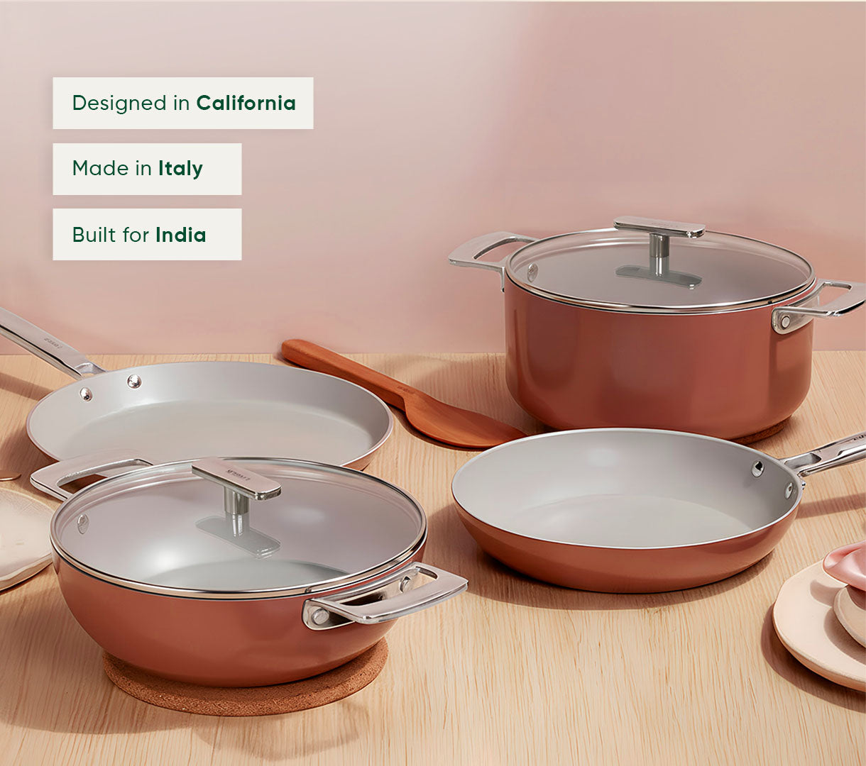 Complete Cookware Set with storage (4-Piece) with glass lid - Jaipur Terracotta