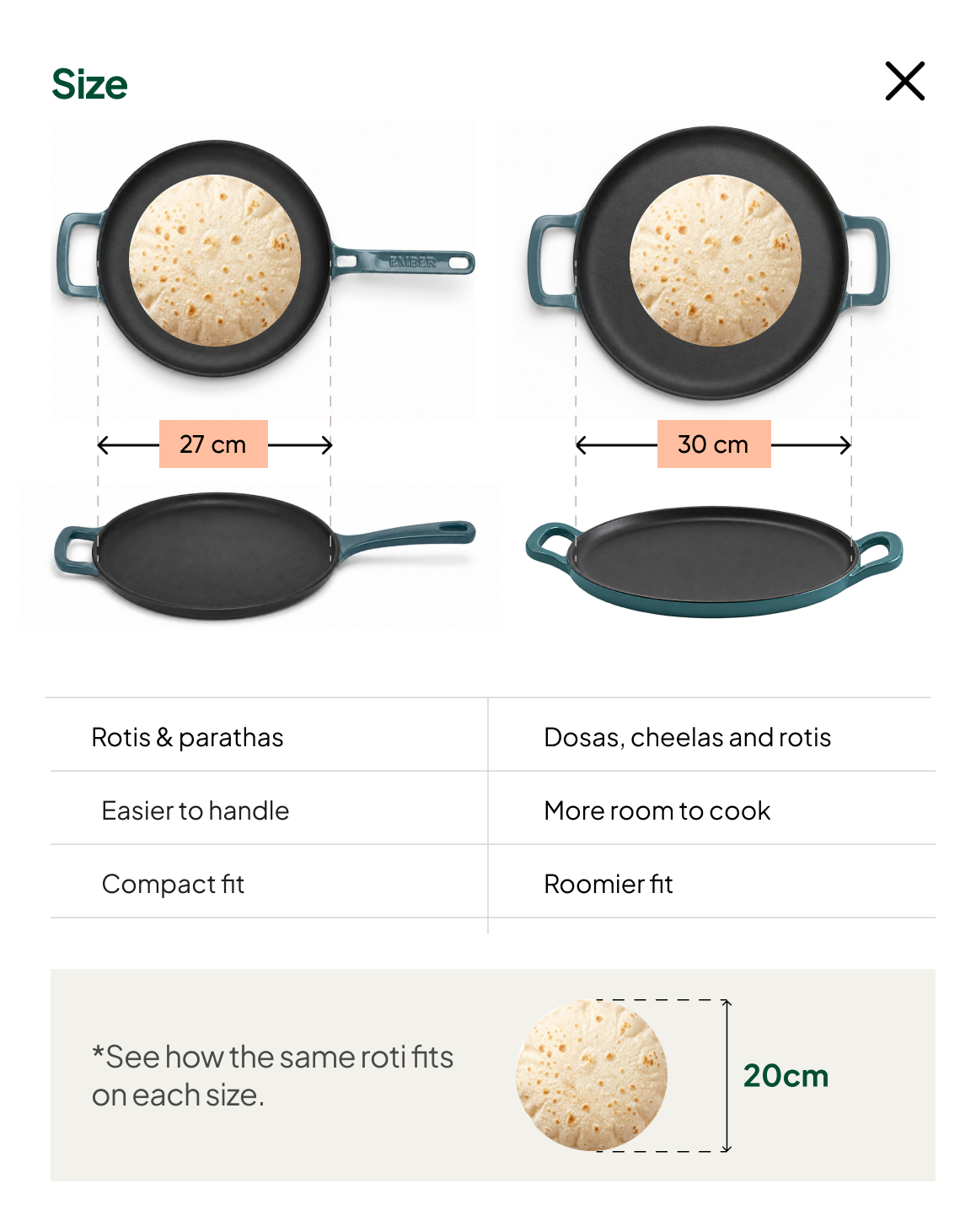 Tawa size comparison chart — 27cm and 30cm